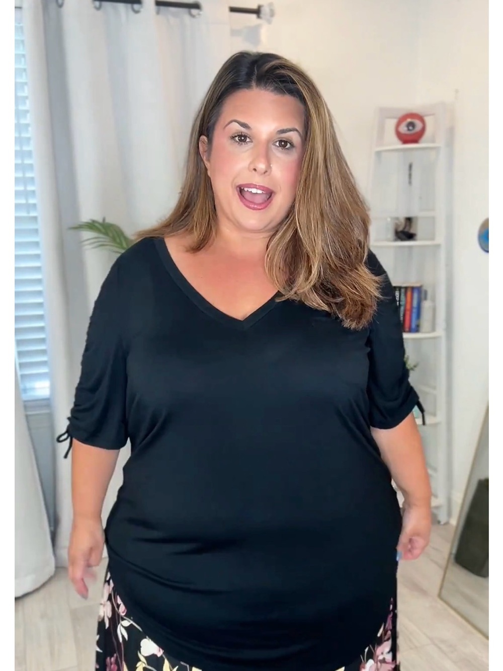 Plus Ruched Sleeve Black Tunic Top